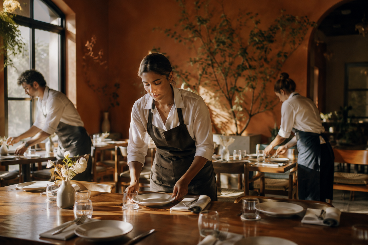 Equipo del restaurante preparando el servicio