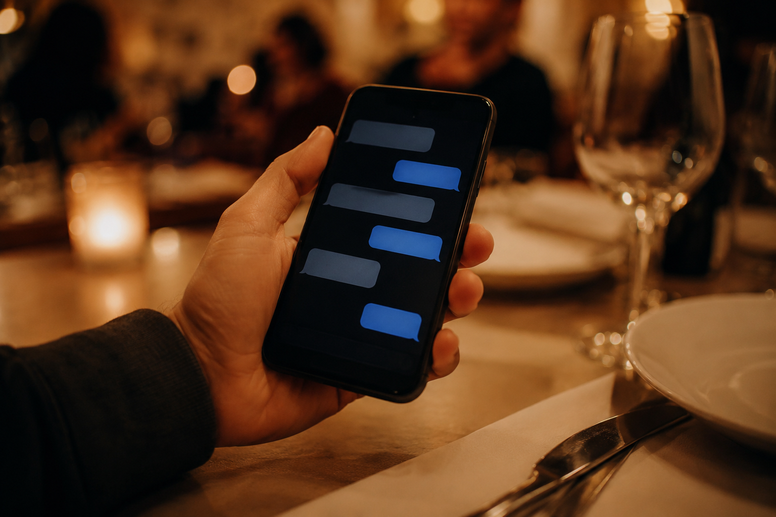 Persona sosteniendo el móvil con una conversación de chat
